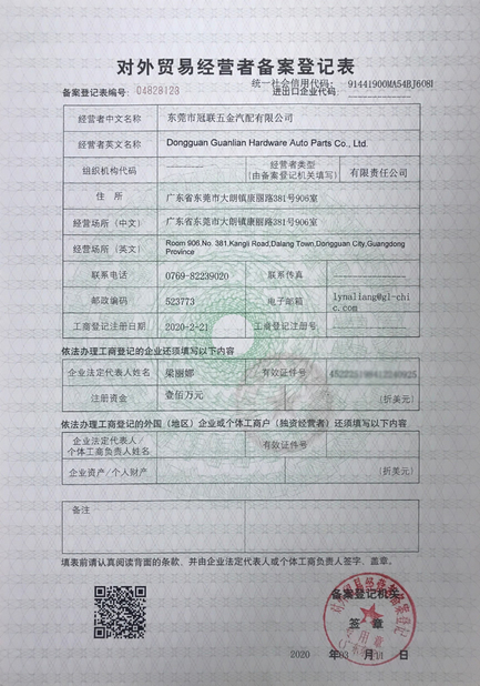 Κίνα Dongguan Guanlian Hardware Auto Parts Co., Ltd. Πιστοποιήσεις